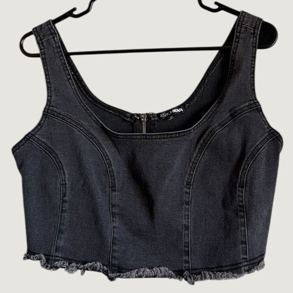 Fashion Nova Tops - Washed Black Denim Corset Top Frayed Hem Zip Front L Baddie